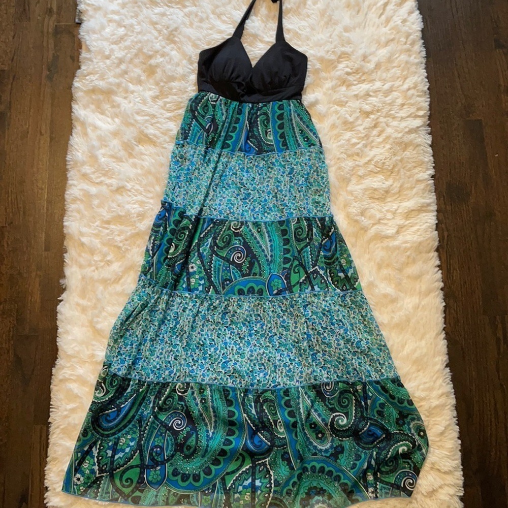 Sequin Hearts Paisley‎ Tiered Halter Maxi Dress Blue Green Black Women S